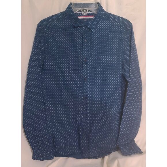 Hilfiger Men's Med Long Sleeve Button Shirt Navy w/White X Pattern Brown Buttons - Picture 1 of 10